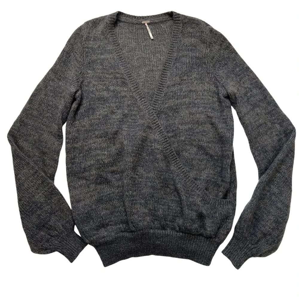 Free People Gray Deep V-Neck Sweater‎ Women's Small Alpaca Blend Soft Knit